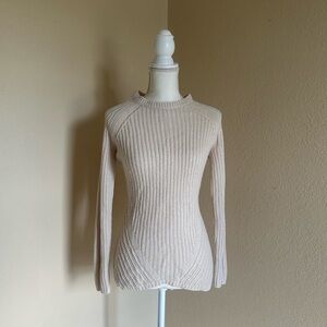 Cream Ribbed Knit Crew Neck Sweater Sz M Preppy Minimalist